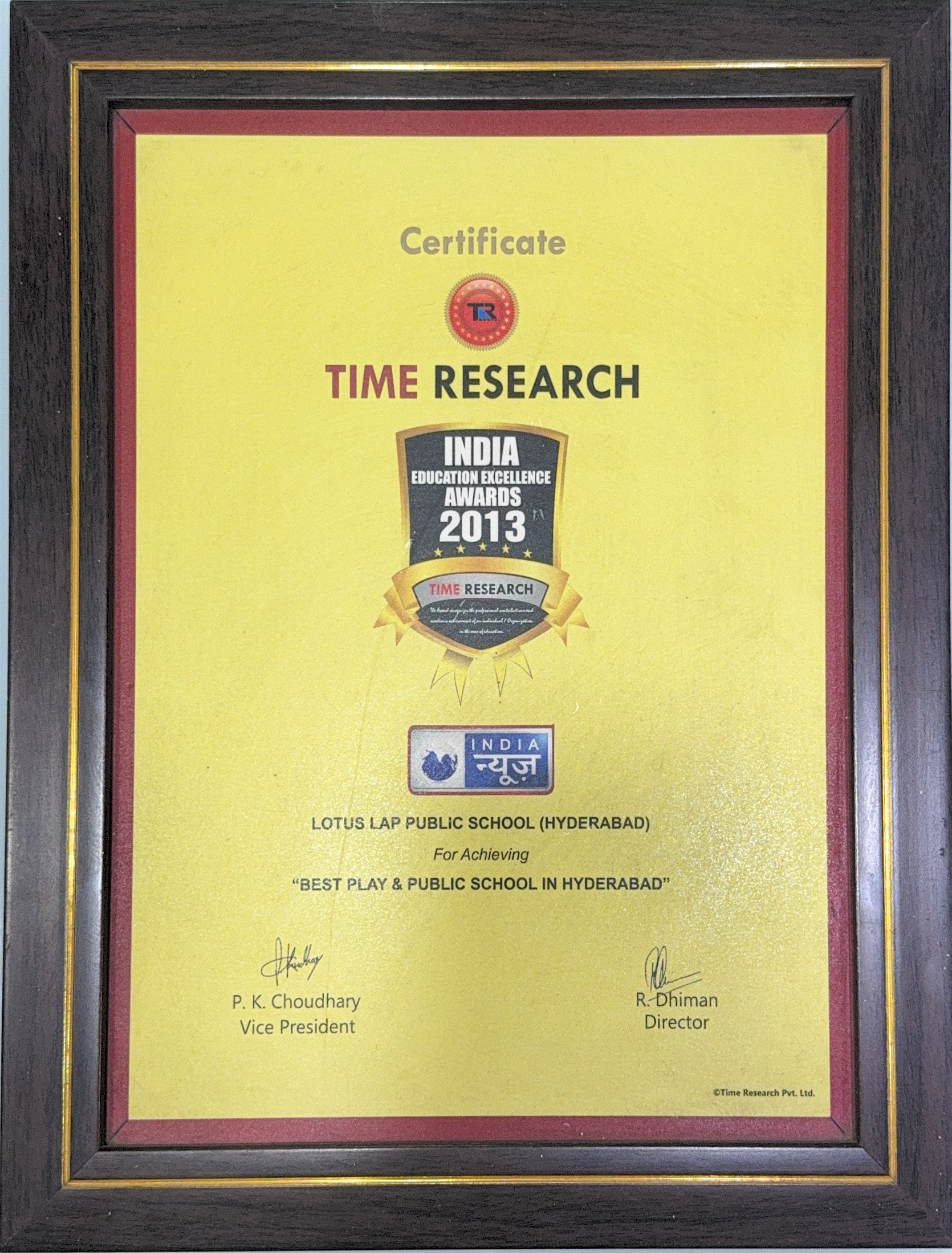 Lotus Lap Public Schools Recognized as the ‘Best Play & Public School in Hyderabad’ at the India Education Excellence Awards 2013